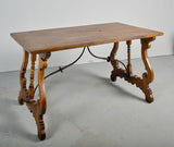 Antique lyre leg writing table with iron stretchers, walnut