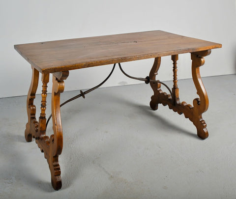 Antique scalloped stretcher lyre leg table with carved drawer, walnut