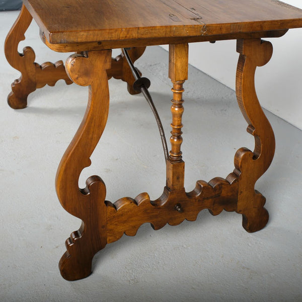 Antique lyre leg writing table with iron stretchers, walnut