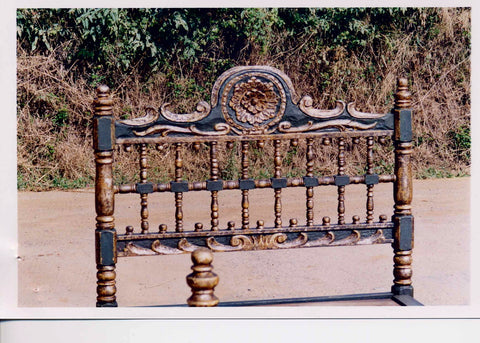 Reproduction carved and upholstered "Cusco" Spanish colonial bench, cachimbo hardwood