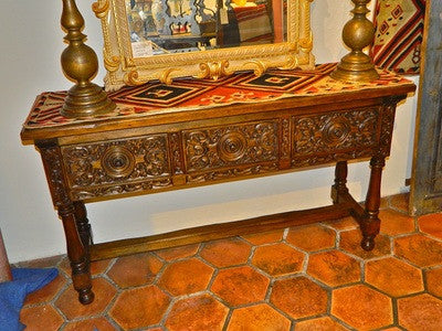 Carved two-drawer reproduction Spanish colonial sofa table, cachimbo hardwood