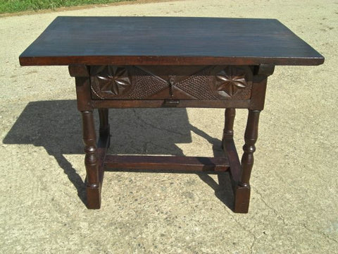 Antique turned-leg carved-drawer table, walnut and oak