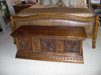 Carved reproduction Catalonian bride’s chest, cachimbo hardwood