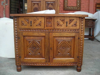 Reproduction custom-made two-drawer, two-door carved credenza based on a 17th century Spanish table