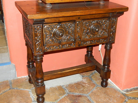 Large carved single-drawer reproduction Spanish colonial nightstand, cachimbo hardwood