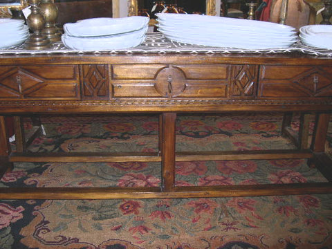 Carved six-leg, three-drawer reproduction library table, cachimbo hardwood