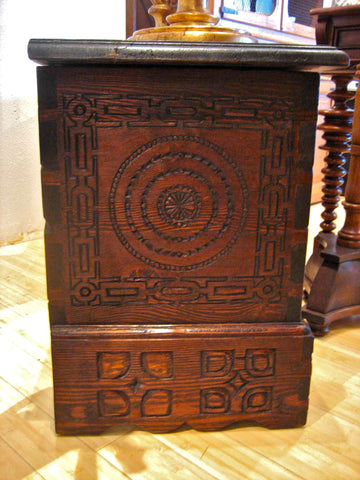 Carved reproduction Navarrese dowry chest, reclaimed pine