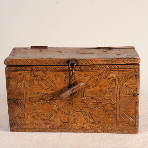 Small antique carved Pyrenees shepherd’s box, pine