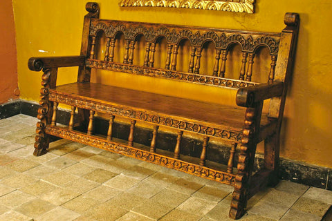 Reproduction carved Spanish colonial "Arequipa" bench, cachimbo hardwood