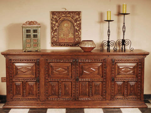 Carved two-door reproduction credenza / vanity cabinet, reclaimed cedar and cachimbo hardwood