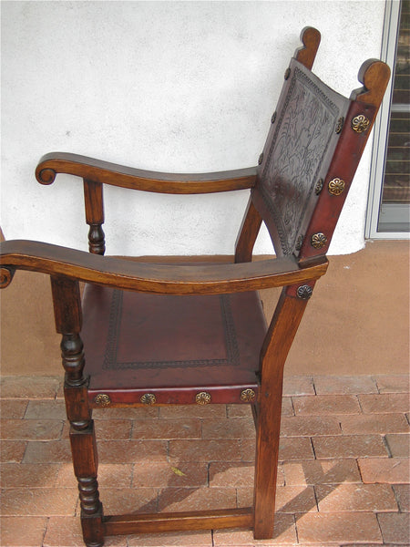 Reproduction carved and tooled leather friar's chair, cachimbo hardwood