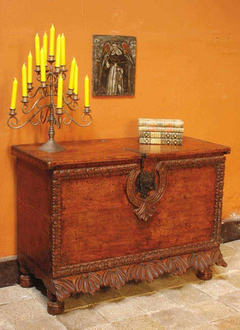 Carved reproduction Catalonian bride’s chest, cachimbo hardwood