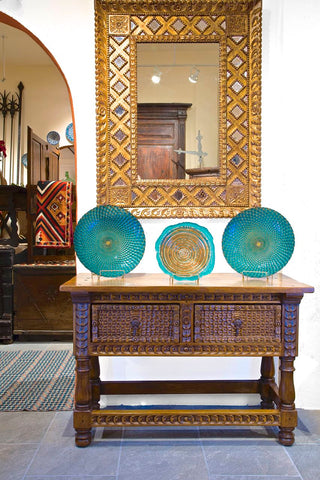 Reproduction polychromed and gilt Spanish colonial mirror frame with carved cross-hatching, cachimbo hardwood