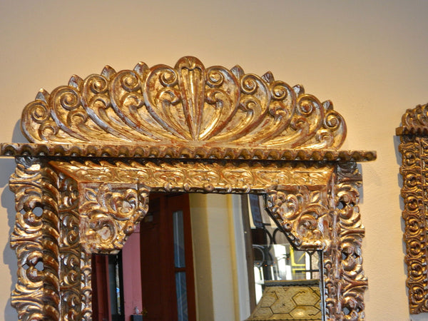 Reproduction carved, pierced and silvered Spanish colonial mirror frame, cachimbo hardwood