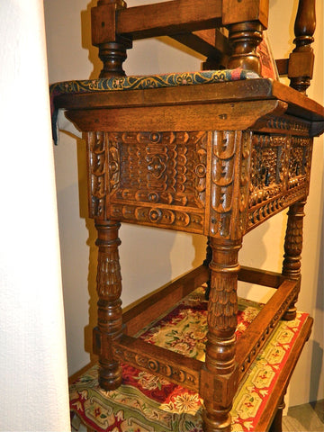 Two-drawer reproduction Spanish colonial nightstand with carved feathered legs, cachimbo hardwood