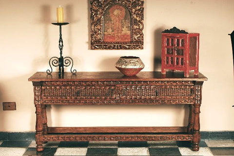 Carved three-drawer reproduction lyre leg table with iron stretchers, cachimbo hardwood