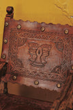 Reproduction carved and tooled leather Spanish colonial armchair, cachimbo hardwood