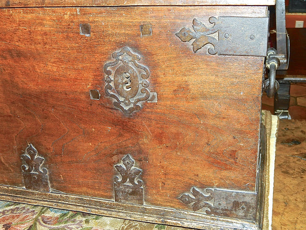Antique two-lock Castilian valuables chest, walnut