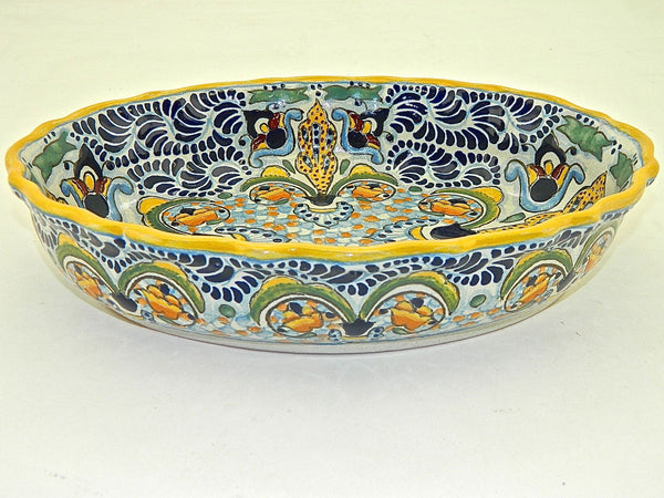 Wavy-edge oval Talavera serving dish, “FLOR DE LIZ”