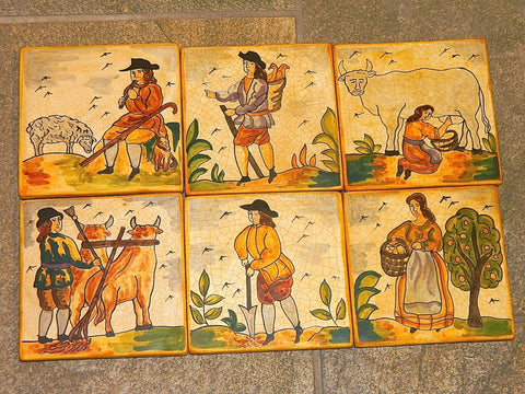 Set of 6 Hand-Painted Catalonian Farm Scene Tiles