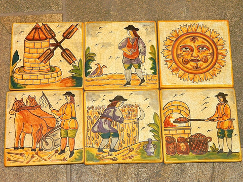 Set of 6 Hand-Painted Catalonian Bread Making Scene Tiles