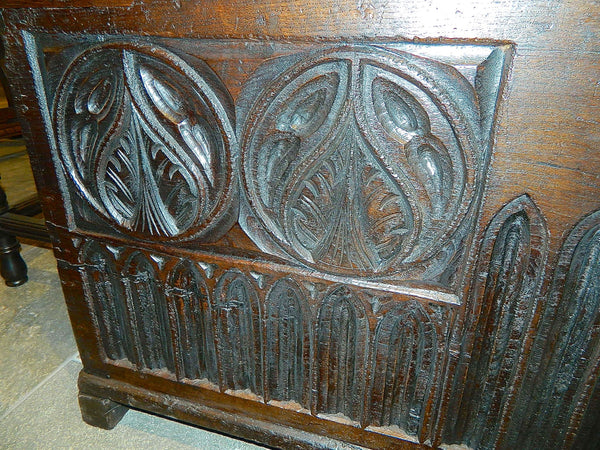 Antique carved neo-Gothic village chest, chestnut