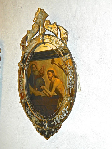 Antique chestnut brazier pan mirror with bronze adornments