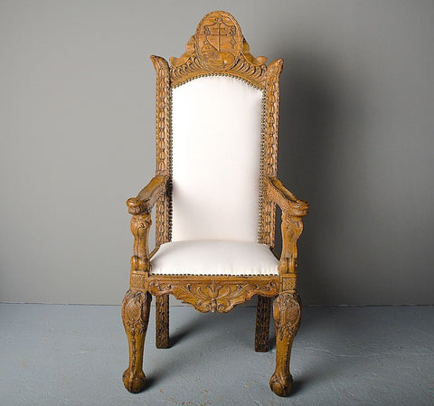 Antique painted and gilt upholstered four-seat Chippendale bench