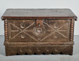 Antique scalloped skirt travel chest with carved shells of St. James, chestnut