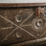 Antique scalloped skirt travel chest with carved shells of St. James, chestnut