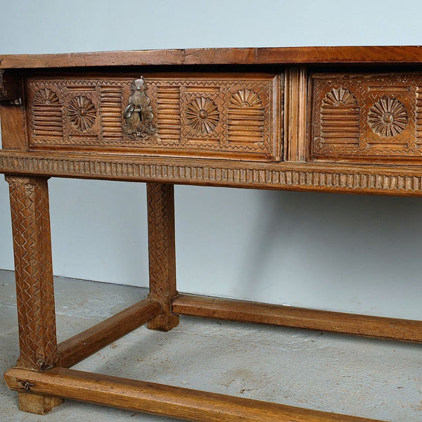 Antique two-drawer Palentine library table, walnut and chestnut