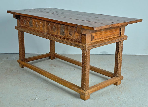 Antique two-drawer Palentine library table, walnut and chestnut