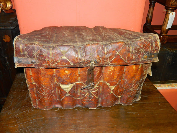 Antique large woven leather conquistador travel trunk (”petaca”)