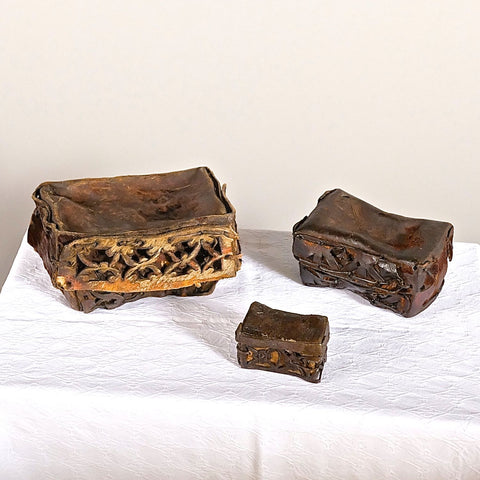 Antique set of 3 small leather “petacas”