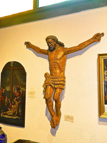 Antique carved crucifixion, gesso & polychrome over wood