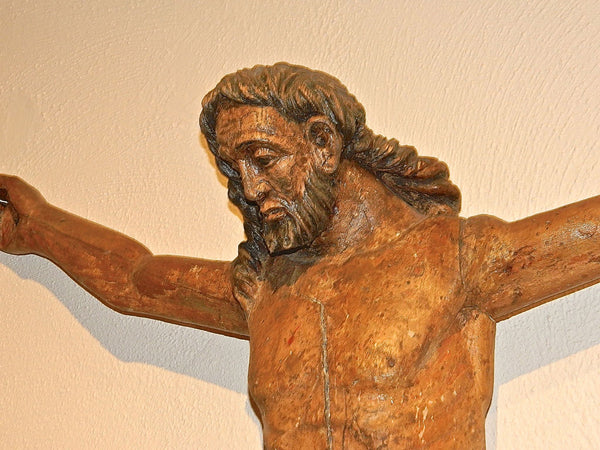 Antique carved crucifixion, gesso & polychrome over wood