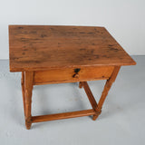 Antique turned leg heart of pine accent table with drawer
