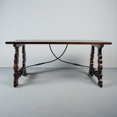 Antique walnut lyre leg library table with iron stretchers