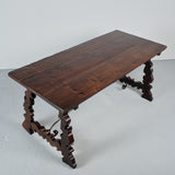 Antique walnut lyre leg library table with iron stretchers