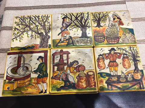 Set of 6 Hand-Painted Catalonian "Olive Oil" Tiles.