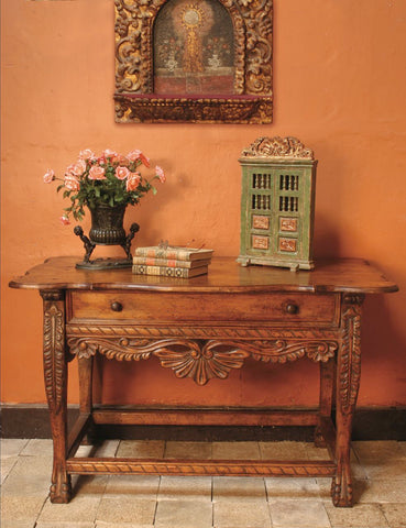 Large carved single-drawer reproduction Spanish colonial nightstand, cachimbo hardwood